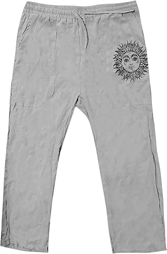 Miniatura 2 de WENKOMG1 Pantalones de algodón y lino para hombre, pierna ancha, con cierre de cordón, ajuste holgado, pantalones holgados de pierna ancha