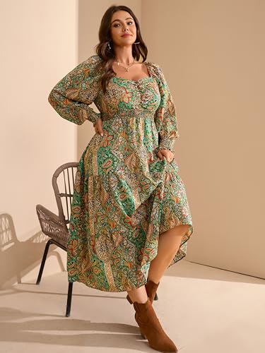 RWJ Women's Plus Size Paisley Maxi Dress Sweetheart Neck Elastic Long Sleeve Bohemian Flowy Fall Dresses4
