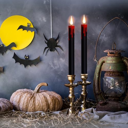 Image of Black Flameless Taper Candles Flickering with Remote and Timer, Blood Dripping Wax Effect Battery Operated Yellow Light LED Taper Candles Dinner Halloween Spooky Decor(4 Pack, 0.78 inch x 8.9 inch)