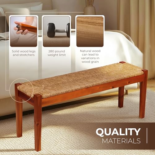 Image of Vintage Entryway Bench, 47 inch Acacia Wood Bench with Woven Seagrass Seat, Entryway Bench, Wicker Bench Indoor for Hallway, End of Bed, Rustic Farmhouse Boho Style, Indoor Decorative Bench (Brown)