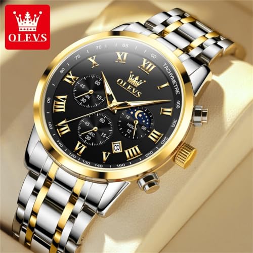 Image of OLEVS Men Multifunction Watch, Multi Dial Waterproof Luminous Chronograph, Gold Silver /Black, Round, mens business watch | Men's Watch with Date Gift for Men,Stainless Steel Watches for Men,Classic Men Wrist Watch
