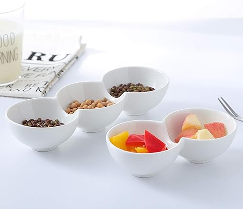 Miniatura 6 de Yesland Bandeja de porcelana de 3 compartimentos para servir aperitivos, juego de 4 cuencos tripletes blancos de 10 onzas, juego de cuencos,