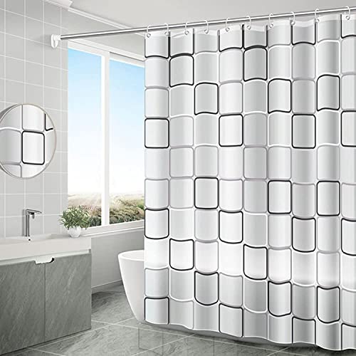 SKY-TOUCH Transparent Shower Curtain Square Printed Design Eco-Friendly Waterproof Heavy Duty with Anti-Mold Grid for Bathroom and Bath Tub 180x200cm