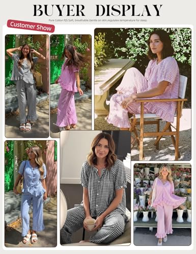 Image of Gihuo Gingham Pajama Set for Women 2 Piece Plaid Cotton Button Down Top and Pants Ruffle Babydoll Pjs Lounge Sets