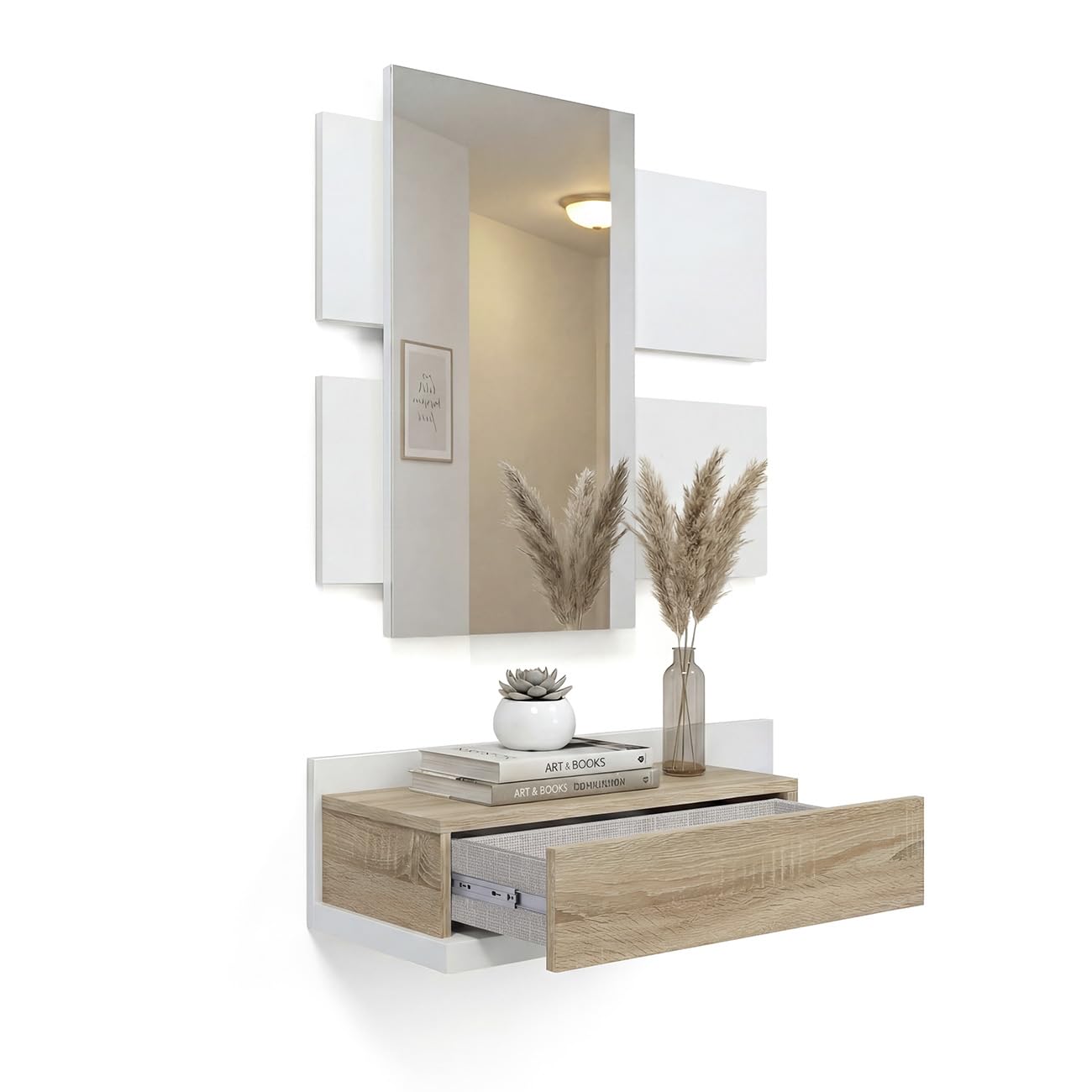 duehome | Recibidor con cajón y Espejo, Mueble de Entrada, Modelo Milo, Acabado en Blanco Artik y Roble Canadian, Medidas: 75 cm (Largo) x 29 cm (Fondo) x 116 cm (Alto)