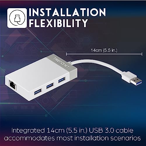 Image of TRENDnet 3-Port USB 3.0 Hub, TU3-ETGH3, Compact USB to Ethernet Adapter, 3 x USB 3.0 Ports, 1 x RJ-45 Gigabit Ethernet Port, Supports XP, Vista, Windows, Mac OS 10.6-10.9, Nintendo Switch, White