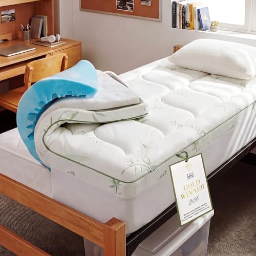 Bedsure 2-in-1 Mattress Topper 5 Inch Memory Foam Mattress Topper Twin XL 3 Inch Memory Foam + 2 Inch Viscose Made from Bamboo Mattress Topper Pad Flippable Memory Foam with Dual Comfort White