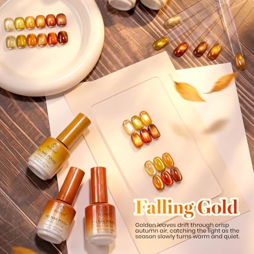 Image of Beetles Cat Eye Gel Nail Polish Set - Falling Gold 6 Colors 15ML Full Size Glitter Gel Polish Kit Gold Brown Orange Glass Cat Eye Magnetic Effect Soak Off UV Nail Art DIY Salon at Home Gift for Women