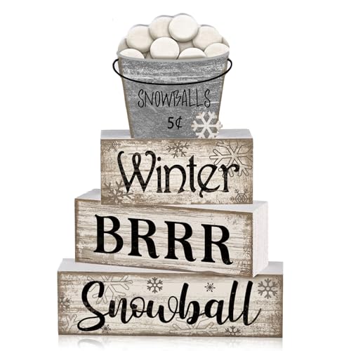 Image of Moucuny 4 Pcs Winter Table Decorations Winter Tiered Tray Decor Christmas Table Centerpiece Rustic Decorative Snowball Snow Bucket Block Sign Farmhouse Christmas Decorations for Home Kitchen Shelf