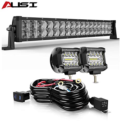 AUSI 22" 120W LED Light Bar 5D Spot Flood Combo Off Road + 2pcs 4" 60W Cube Pods Fog Lights W/Wiring Harness Rocker Switch for Truck SUV Vehicle Polaris ATV UTV Boat