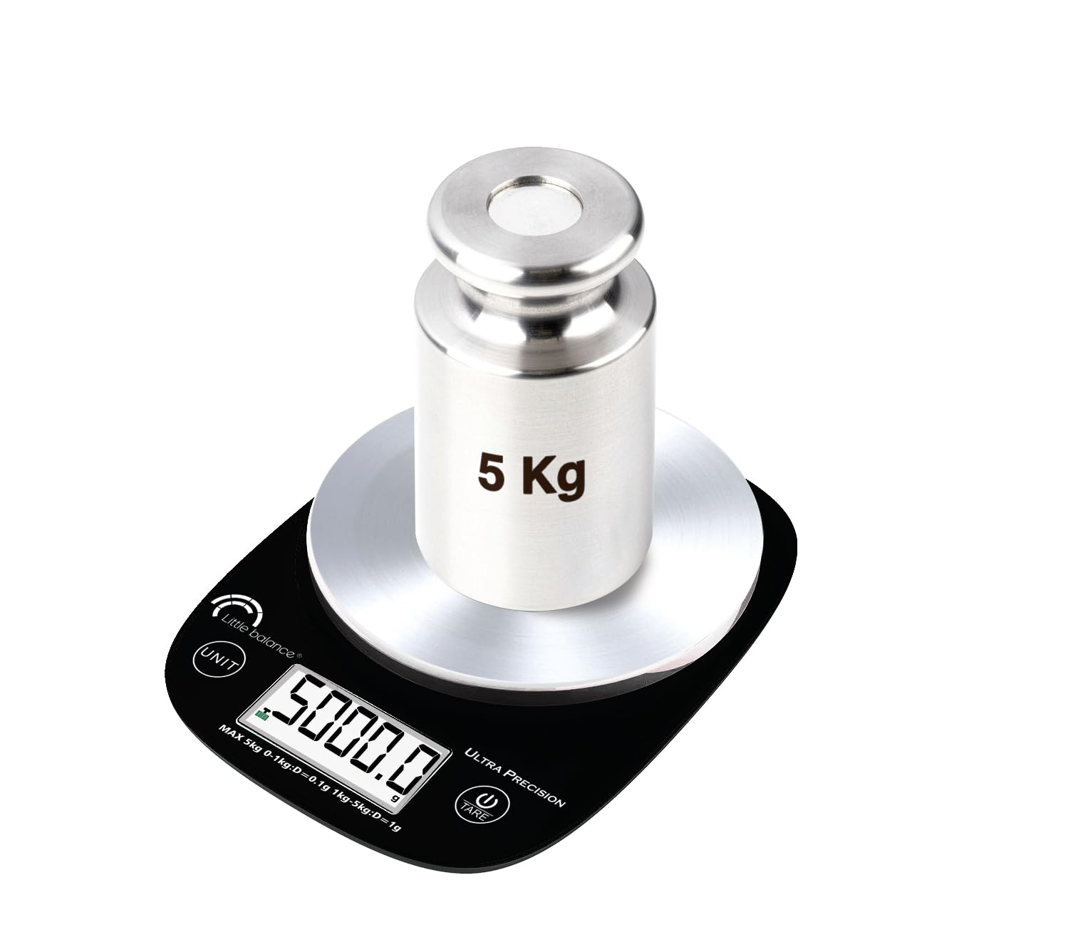 LITTLE BALANCE 8721 Pro Inox 5.1 con cuenco USB-C Ultra precisión, báscula sin pilas, báscula de letras, recarga USB-C, reparable, 0,1 g, negro