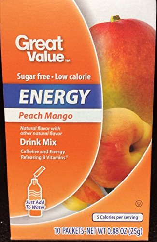 Great Value Sugar Free Low Calorie ENERGY Peach Mango Drink Mix with Caffeine - Naturally Flavored with Other Natural Flavors (Pack of 2)