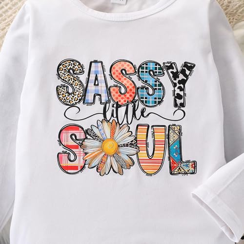 Image of Toddler Girl Clothes Long Sleeve Cartoon & Letter Graphic Top + Fruit Stationery Print Flared Leg Pants