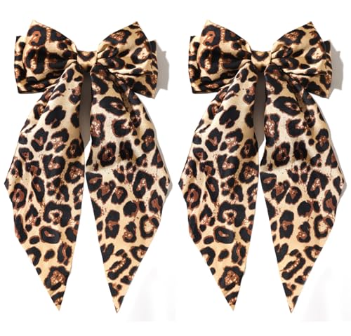 Furling Pompoms Hair Bows for Women Big Bow Hair Clips for Girls Long tail Hair Ribbon Satin Leopard Hair Bow Barrette Cute Hair Accessories Gifts, Pack of 2 (Camel)