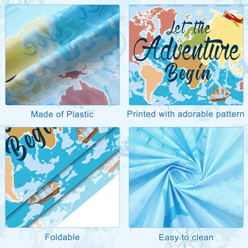 Image of Frienda 3 Pcs Adventure Awaits Tablecloth Travel Party Decorations Bon Voyage World Map Table Cloth Plastic Disposable Table Cover for Baby Shower Birthday Party Supplies, 108 x 54 Inch (Blue)