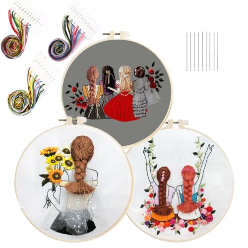 MAK 3pcs Cross Stitch Kits for Beginners Kids Adult, Embroidery Kits Stamped Flower Pattern, Needlepoint Kits with Embroidery Hoop, Floss, Needles, Detailed Instruction