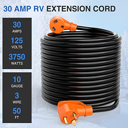 Image of Nilight 30 Amp 50FT RV Extension Cord 125V Heavy Duty 10 Gauge Pure Copper STW Wire UL ETL Listed 3 Prong TT-30P TT-30R 30F /30M Weatherproof Suit for Camper Caravan Trailer