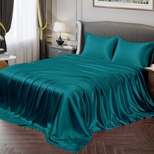 Image of Cloth Fusion Flat Satin Bedsheet Double Size 90x100 inch | Peacock Green, 2 Pillow Covers, 300 TC, Glossy Finish, Smooth on Hair and Skin, Gift for Couples, Wedding & Anniversary