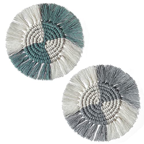 Fhuadz 2 Pcs Coaster en Coton Tressé, sous Verre Boheme, Coaster Macrame Set, Deco Boheme Chic pour Bar Salon Chambre Cuisine Table à Manger Café Restaurant HôTel ou Bureau(Blanc et Vert) 17 Cover