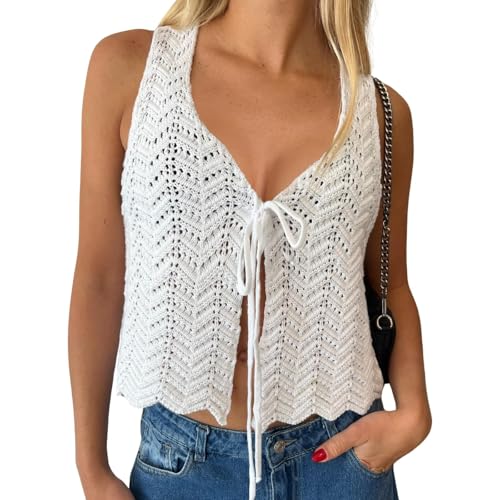 Women’s Crochet Tie Front Tops Summer Knit Tank...