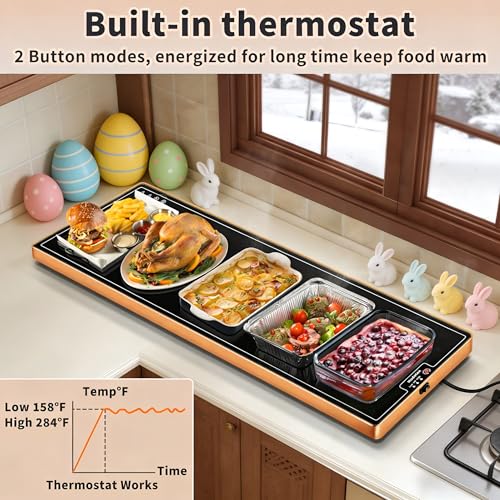 Image of Warming Mat for Food (Extra Long 40 inchx12 inch), Electric Warming Trays for Buffets Party & Daily Use with Golden Edges, Temperature Adjustable & Full Surface Warm Tempered Glass Food Warmer Mat, Black