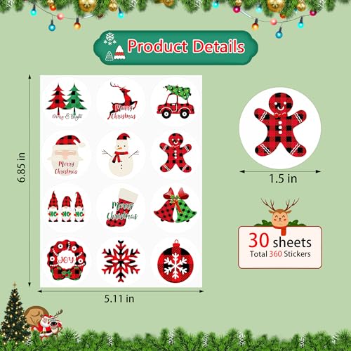 Lucleag 360PCS Christmas Stickers for Kids, Assorted Christmas Buffalo Plaid Stickers for Candy Goodie Envelopes Cards, Round Christmas Envelope Seals Stickers Gift Present Wrap Decoration - Thumbnail 2