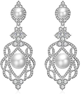 QUKE Women CZ Crystal Simulated Pearl Long Drop Dangle Pierced Earrings Elegant Wedding Bridal Jewellery Earrings