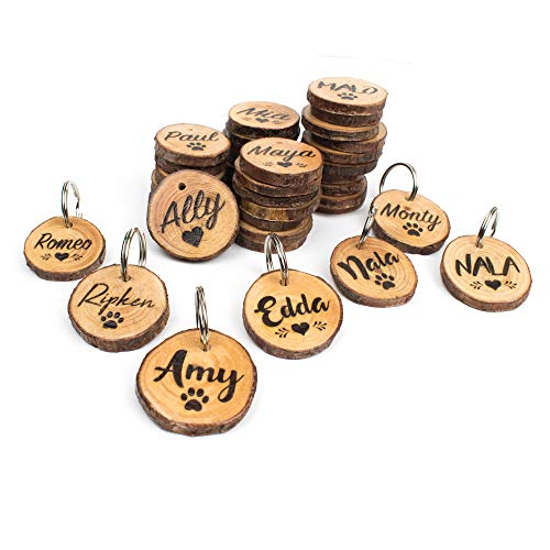 Natürliche Hundemarke aus Holz mit Gravur personalisiert | Echtes Rosenholz mit Rinde, geräuschlos am Halsband | Rückseite mit Telefonnummer, Adresse, Datum - Geschenk für Hundehalter