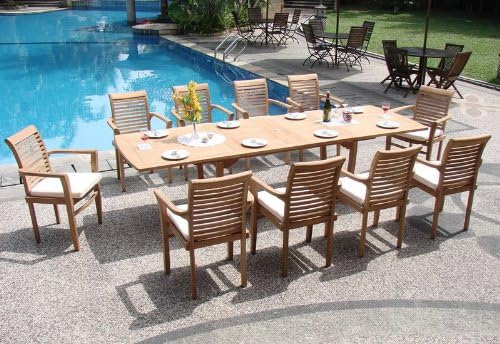 New 11 Pc Luxurious Grade-A Teak Dining Set - Large 117" Mas Rectangle Table (Trestle Leg) and 10 Mas Stacking Arm Chairs #WHDSMSh