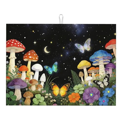 Mushroom Dish Drying Mat, for Kitchen Counter Microfiber Absorbent, Aesthetics Dish Draining Mat Extra Large 18"x24"