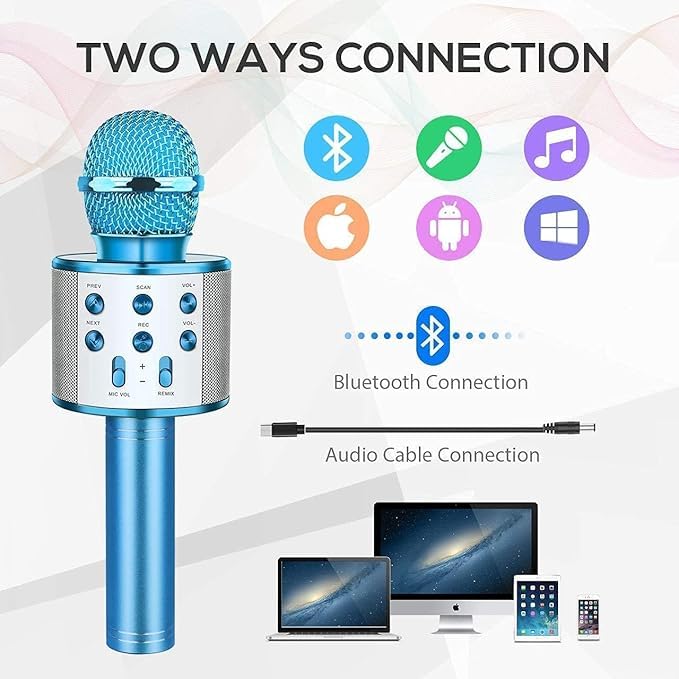 Image of VRJTEC 2-in-1 Wireless Karaoke Mic with Inbuilt Speaker | Portable Singing Microphone with Audio Recording Card Slot Aux Port USB Charging | Ideal for Home Parties Events (Blue & Silver)