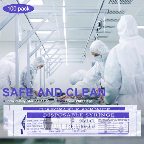 Image of Bulk 100 Pack 20ml Plastic Large Syringes with Tip Cap, Measuring Syringe for Scientific Labs, Feeding Pets, Measurement, Refilling, No Needle, Individually Sterilized Sealed
