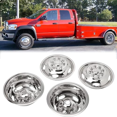Image of 4pcs 17 Protective Polished Stainless Steel Dually Wheel Simulators, Waterproof Replacements Screw-On Wheel Cover Removable Centre Cap,8 Lug Hubcap Fit for 03-18 Dodge Ram 3500 708D