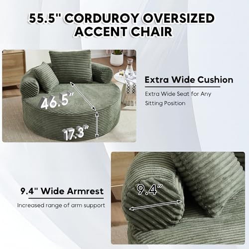 Image of Oversized Round Chair Lounge Chaise Indoor, 55.5 inch Upholstered Corduroy Deep Seat Single Cloud Sofa Chair, Fluffy Modern Large Circle Boneless Sleeper Sofa for Living Room, Bedroom, Green