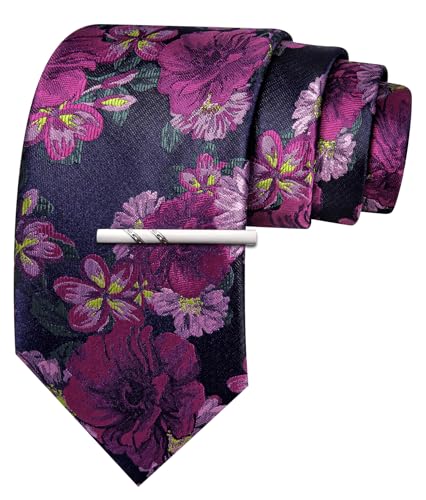 Image of Barry.Wang Floral Ties for Men Flower Necktie with Tie Clip Formal