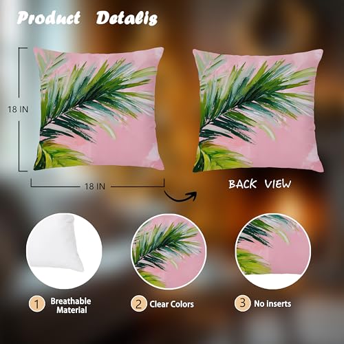 Image of Summer Pink and Green Tropical Palm Leaf Decorative Throw Pillow Cover Decor 18x18,Palm Leaf Botanical Decorative Lumber Beach Plant Throw Pillow Cover for Cabin Couch Double-Sided Set of 2