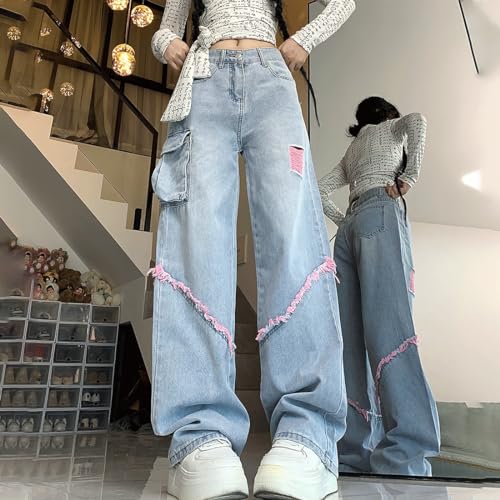 Grunge Y2K Goth Vintage Casual High Rise Loose Straight Wide Leg Pink Ripped Frayed Raw Trim Cargo Jean Pants3
