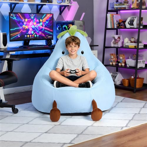 Image of 31 Inches Memory Foam Bean Bag Chair - Ultra Soft Faux Rabbit Fur Round Sofa with Handle & Machine Washable Cover, Comfy Chair for Kids Teens, Perfect for Reading Gaming in Living Room Bedroom,Blue