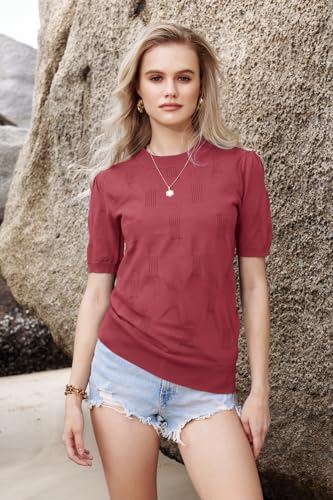 Image of Arach&Cloz Women's Short Sleeve Crew Neck Sweaters Trendy Teacher Work Tops | Lightweight&Breathable Fabric, Texture Knit Design, Relaxed Fit, Business Casual Outfits, Teacher Work Tops Fall 2026