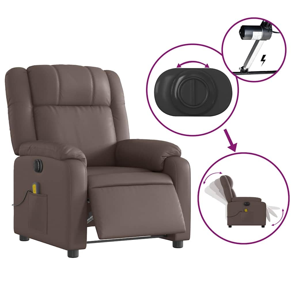 Massagesessel Elektrisch Braun Kunstleder mit 6-Punkt-Vibrationsmassage, Verstellbarer Rückenlehne und Fußstütze, Bequemer Polstersessel mit Holz-Metall-Gestell für Wohnzimmer Büro Lounge