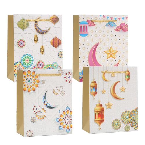CMSSHUAI 4 Pcs Large Eid Mubarak Gift Bags Ramadan Gift Bags Paper Eid Bags with Handles Ramadan Treat Party Favors Supplies Eid Party Decoration