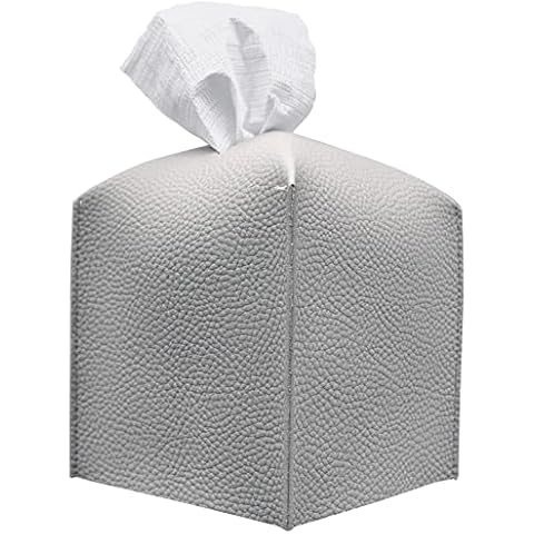 Carrotez Tissue Box Cover, [Refined] Modern PU Leather Square Tissue Box Holder - Decorative Holder/Organizer for Bathroom Vanity Countertop, Night Stands, Office Desk & Car 5"X5"X5" - Pastel Grey Cover