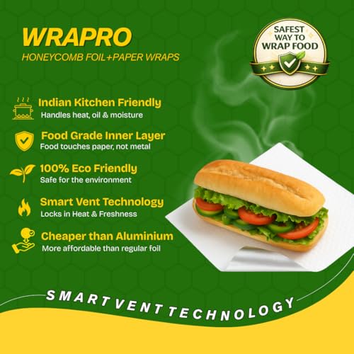 Image of Foil Paper Wrapping Sheets | Food-Grade Aluminium Foil Paper Wrap Roti & Fresh Kitchen Food Essential | Honeycomb Insulation Keeps Food Warm | 2 in 1 Aluminium Foil and Paper for Food Wrapping
