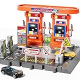 KIZONLY Toy Cars Playsets, Activity Drivers Playset, Gasstation with Moveable Hoses, Parking lot, 1:64 Scale Toy Cars and Car Garage Toys for Toddlers 1-3, Car-Activated Playing Method