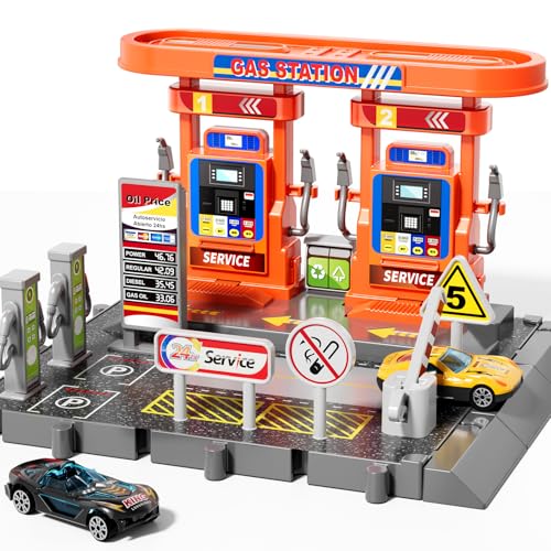 KIZONLY Toy Cars Playsets Activity Drivers Playset Gasstation with Moveable Hoses Parking lot 1:64 Scale Toy Cars and Car Garage Toys for Toddlers 1-3 Car-Activated Playing Method