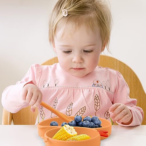 Qshare Baby Suction Plate,Silicone Suction Plate Baby with Spoon and Fork,Non Slip Self Feeding Training Divided Weaning Plates for Baby Toddler (Yellow) - Image 3