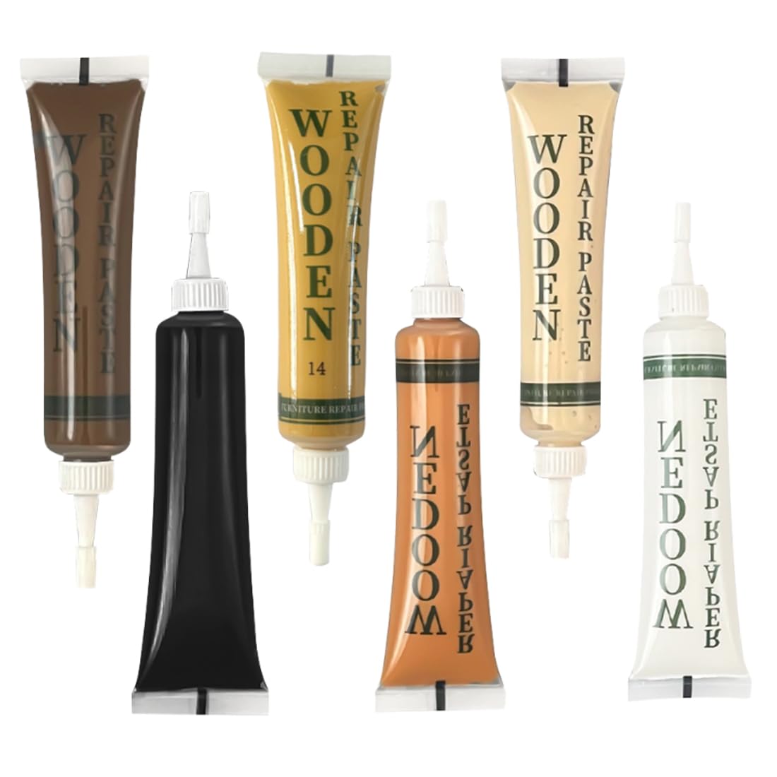 Set 6 Paste Riparazione Legno, Kit di riparazione per parquet, 6 Colori (Bianco, Acero, Noce Chiaro, Tawny, Nero, Log), per Mobili, Pavimenti e Danni in Legno