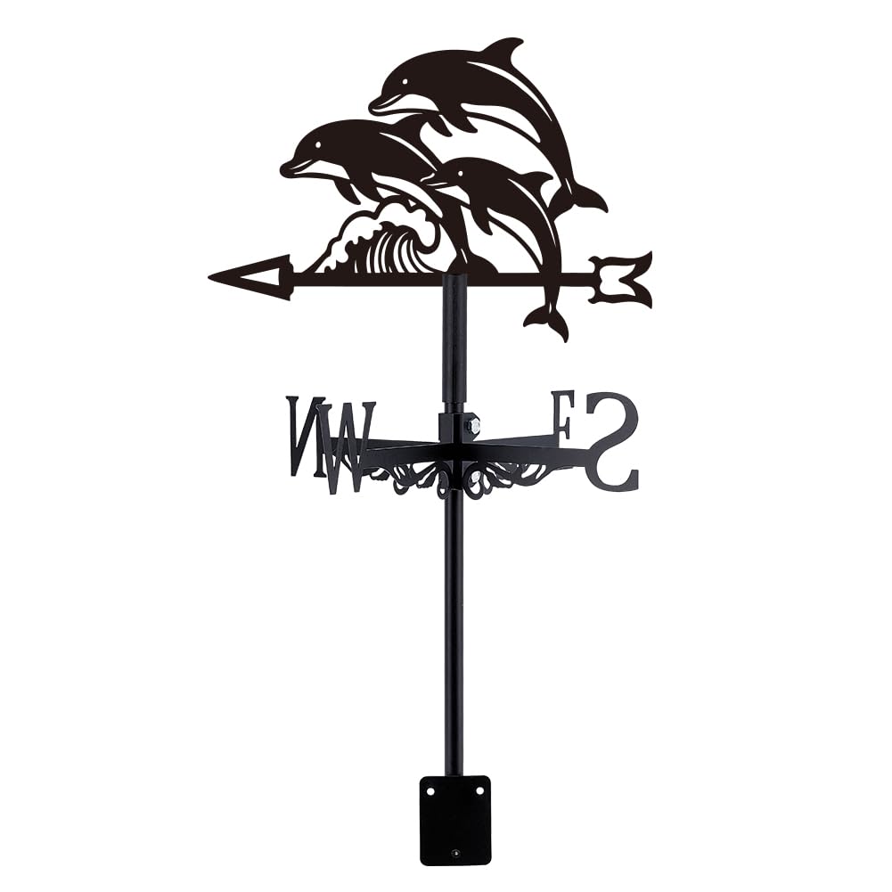 SUPERDANT Dolphin Weather Vane Cast Iron Weathervanes Matte Black Marine Life Roof Top Decorative Weather Vane Outdoor Garden Yard Barn Wind Direction Spinner 31.8x24.5cm