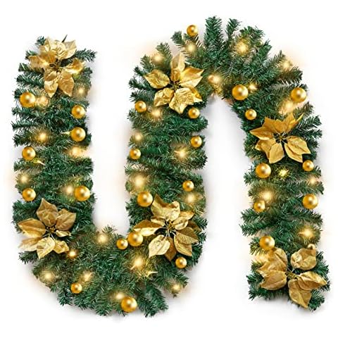 WEASHUME Christmas Garland with Lighting, 2.7 m Artificial Fir Garland with LED Fairy Lights, Flowers, Balls, Christmas Wreath, Christmas Decoration for Home, Wedding Party, Indoor and Outdoor Use Cover