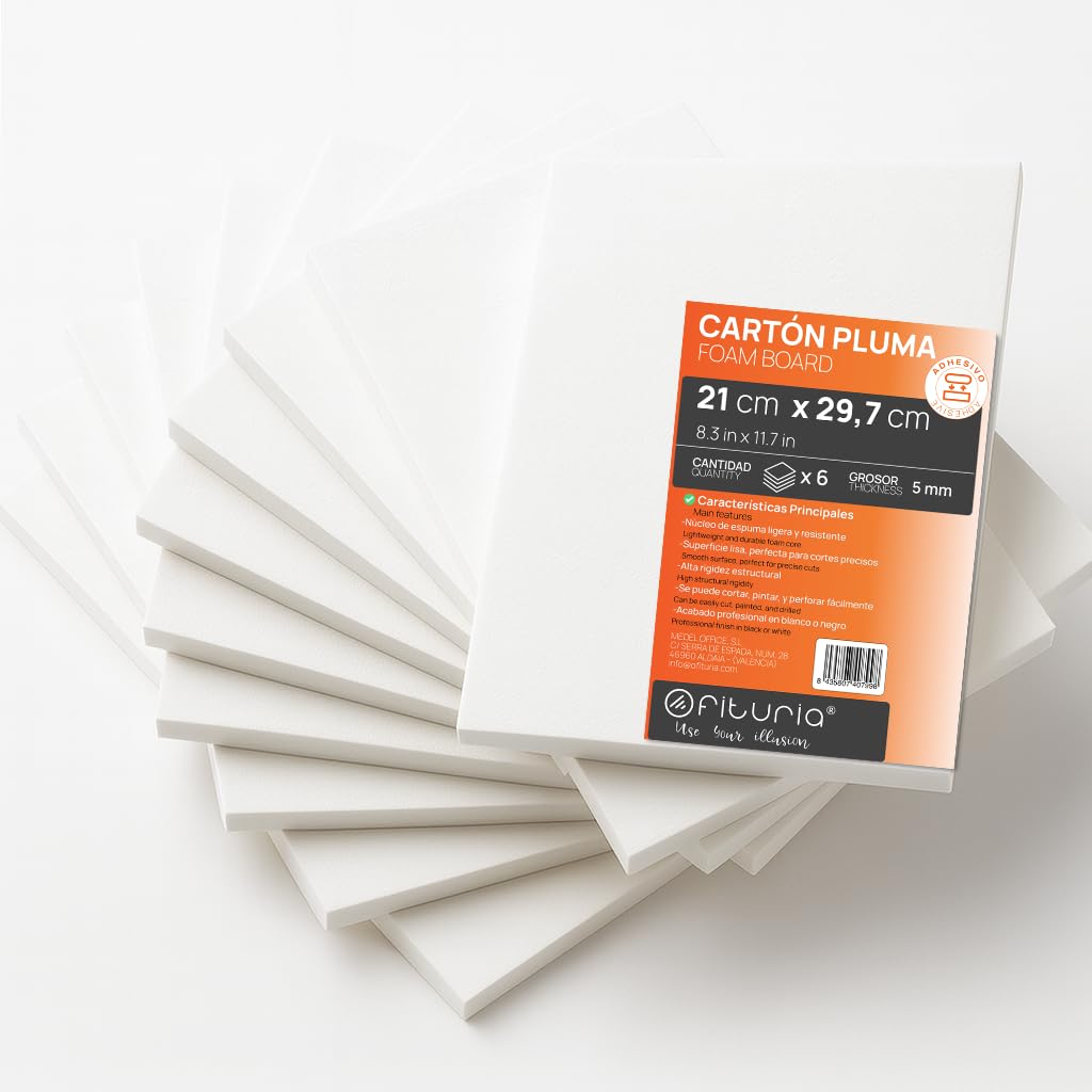 OFITURIA Foam Board White A4 Adhesive (21 x 29.7 cm) Pack of 6 Expanded Polystyrene Plates Lightweight and Stiff, Foam Board Versatile and Cuttable for Crafts and Models, 5 mm